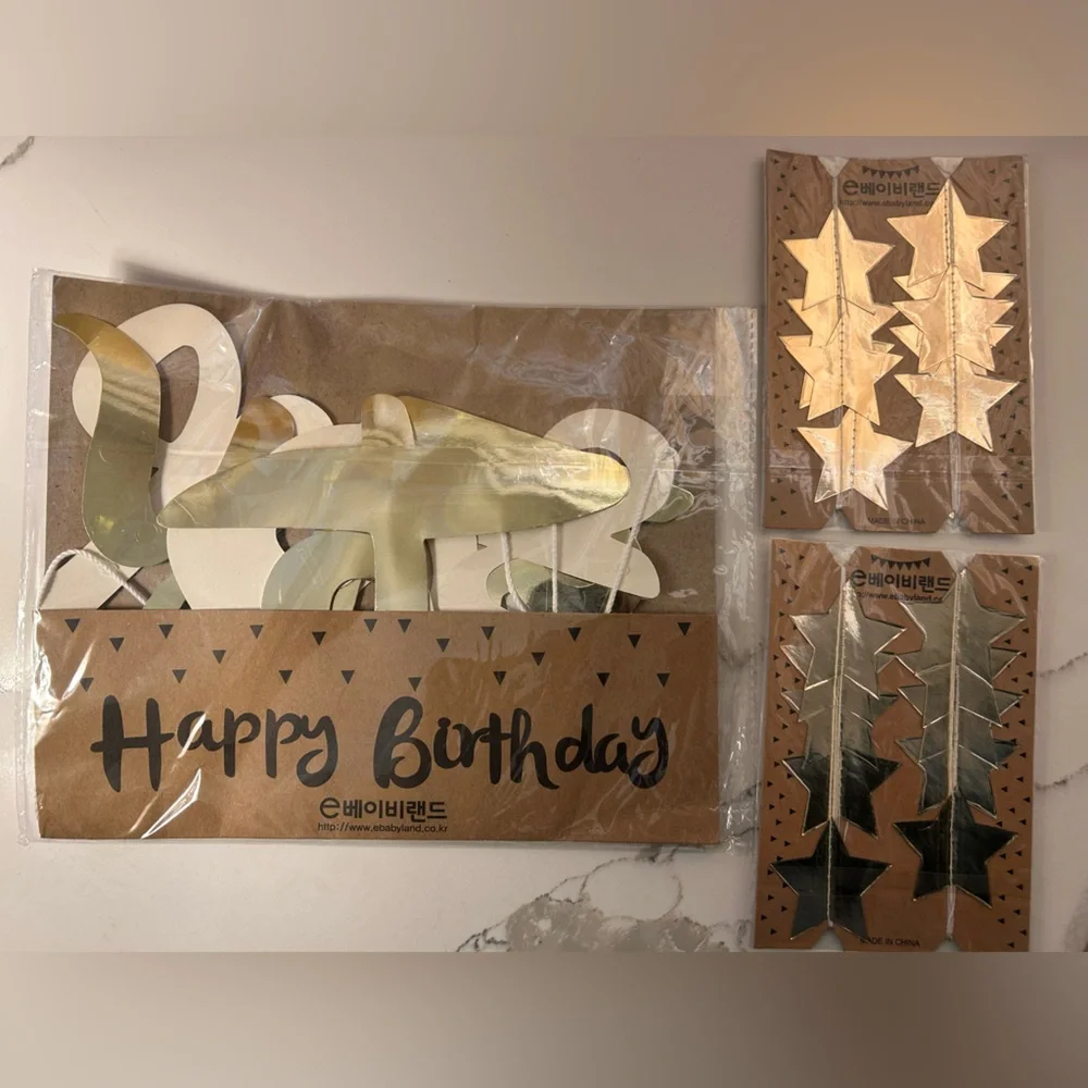 Happy Birthday banner & 2 packs stars banner, metallic gold Paper Hanging Party